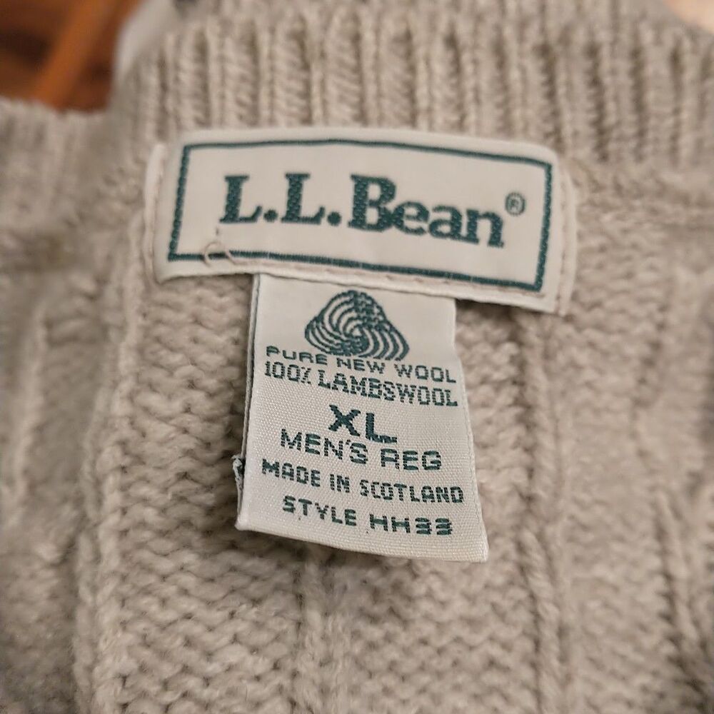 Vtg LL Bean Sweater Mens XL Beige Greyge LambsWool Crewneck Cable Knit Scotland - Picture 6 of 7